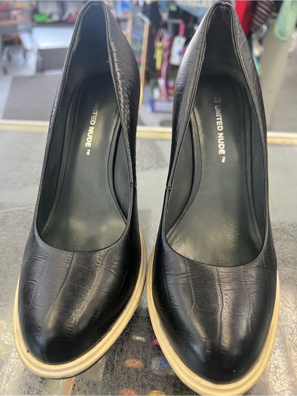 United Nude Black Croc-Embossed Pumps with Cream Platform